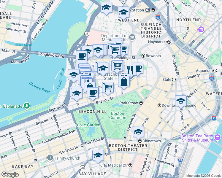 map of restaurants, bars, coffee shops, grocery stores, and more near in Boston