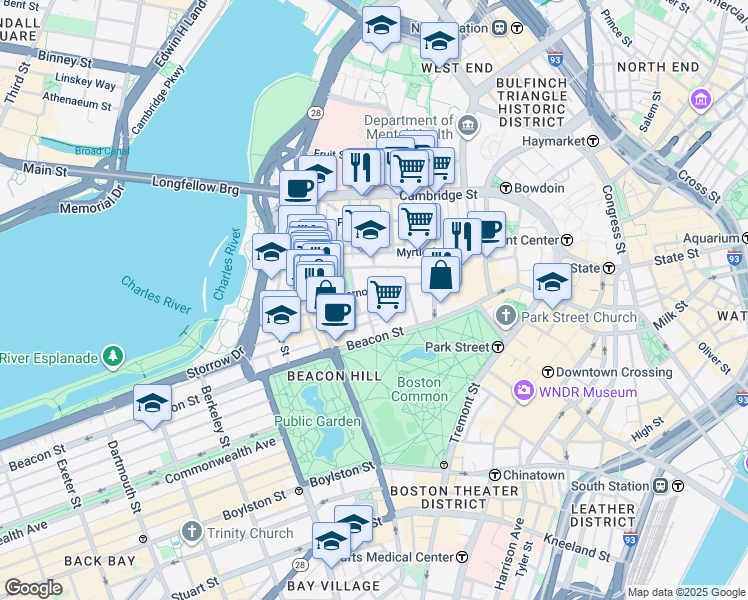 map of restaurants, bars, coffee shops, grocery stores, and more near in Boston
