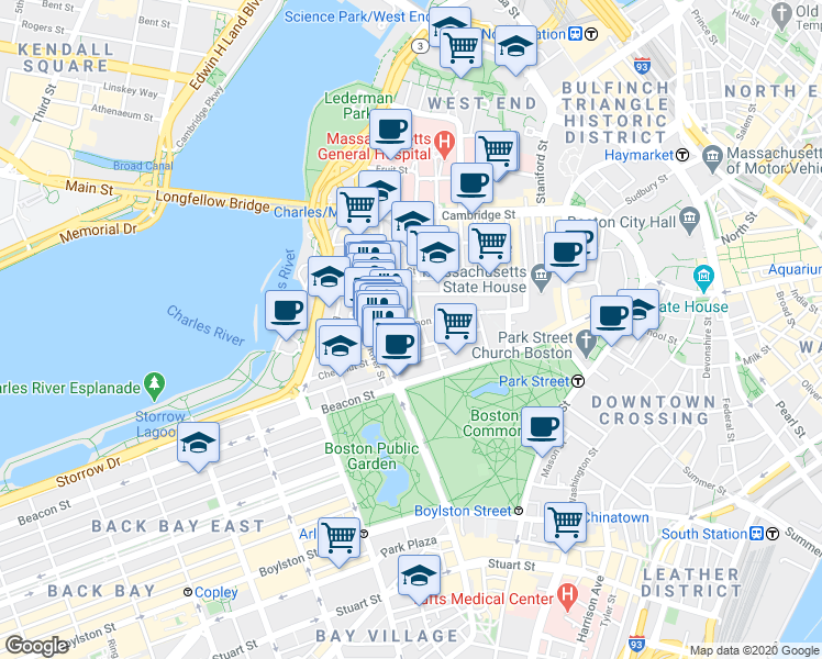 map of restaurants, bars, coffee shops, grocery stores, and more near 9 Louisburg Square in Boston