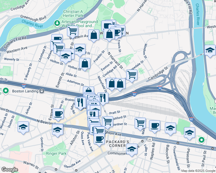 map of restaurants, bars, coffee shops, grocery stores, and more near 10 Holman Street in Boston