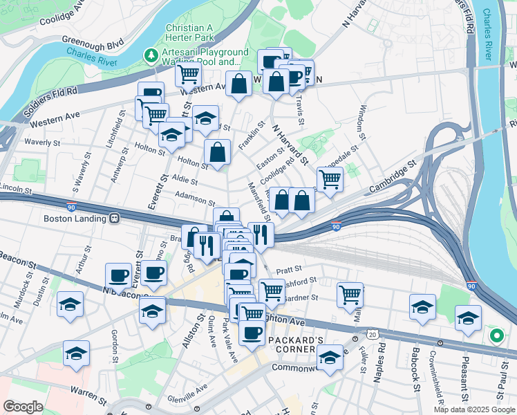 map of restaurants, bars, coffee shops, grocery stores, and more near 38 Mansfield Street in Boston