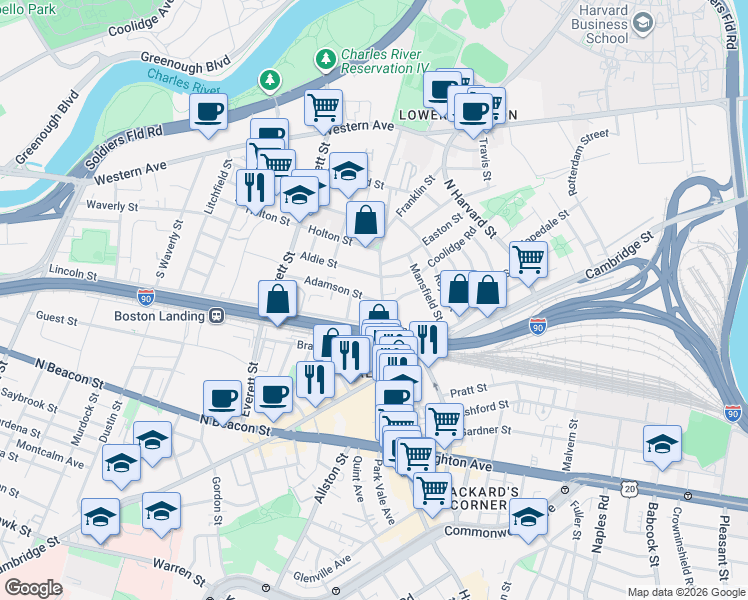 map of restaurants, bars, coffee shops, grocery stores, and more near 81 Franklin Street in Boston