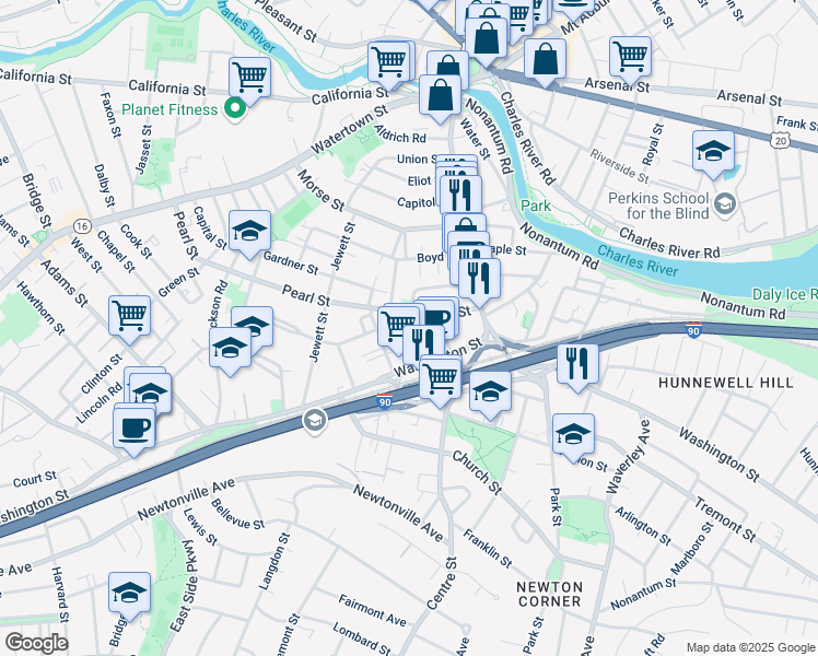 map of restaurants, bars, coffee shops, grocery stores, and more near 41 Pearl Street in Newton