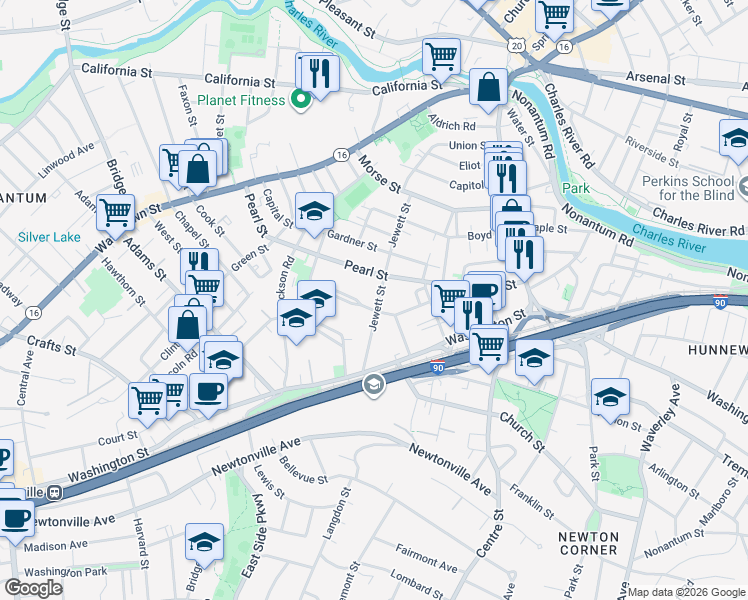 map of restaurants, bars, coffee shops, grocery stores, and more near 134 Pearl Street in Newton