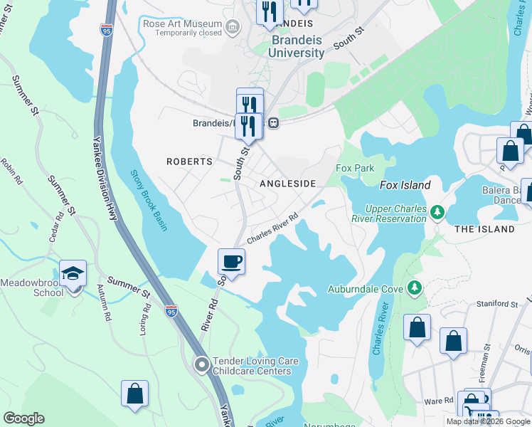 map of restaurants, bars, coffee shops, grocery stores, and more near 81 Charlesbank Way in Waltham