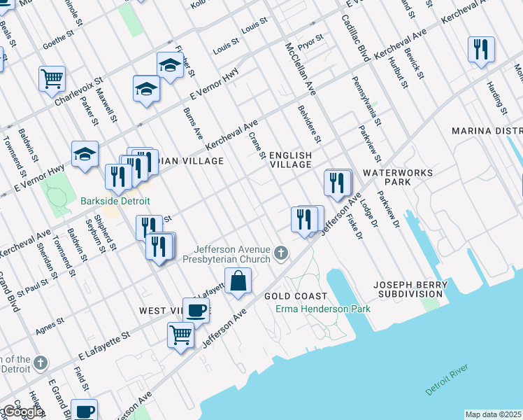 map of restaurants, bars, coffee shops, grocery stores, and more near 8725 Agnes Street in Detroit