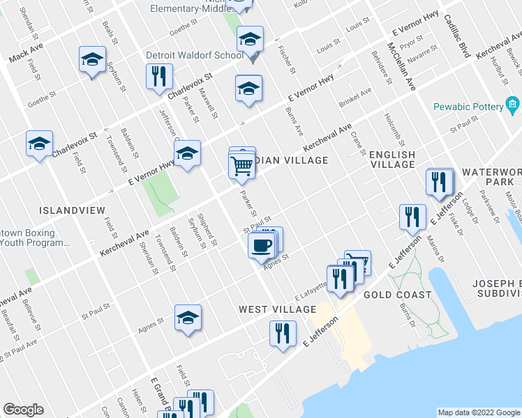 map of restaurants, bars, coffee shops, grocery stores, and more near 1751 Seminole Street in Detroit