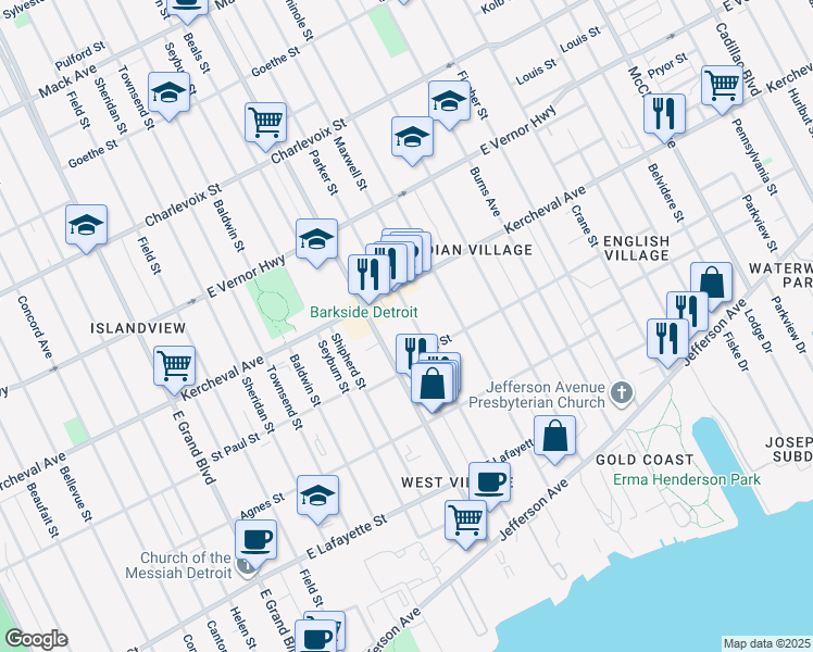 map of restaurants, bars, coffee shops, grocery stores, and more near 1792 Parker Street in Detroit