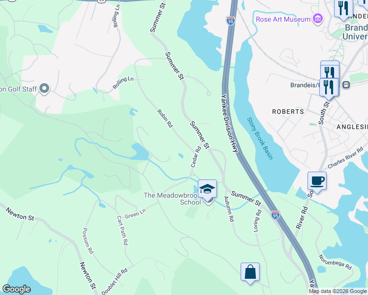map of restaurants, bars, coffee shops, grocery stores, and more near 21 Robin Road in Weston