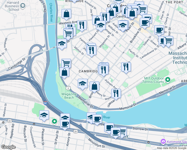 map of restaurants, bars, coffee shops, grocery stores, and more near in Cambridge