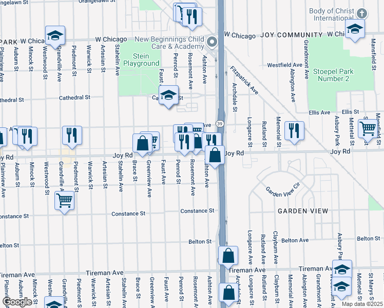 map of restaurants, bars, coffee shops, grocery stores, and more near Joy Rd & Rosemont Ave in Detroit