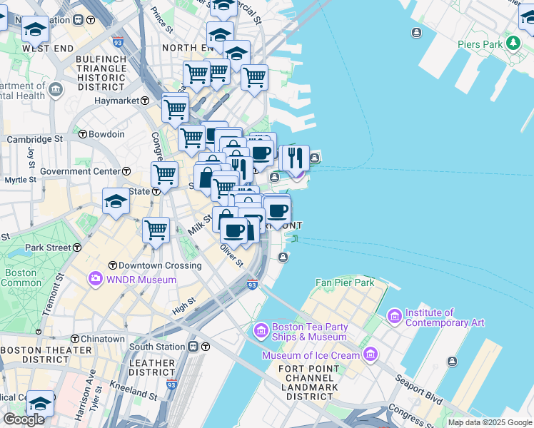map of restaurants, bars, coffee shops, grocery stores, and more near 65 East India Row in Boston