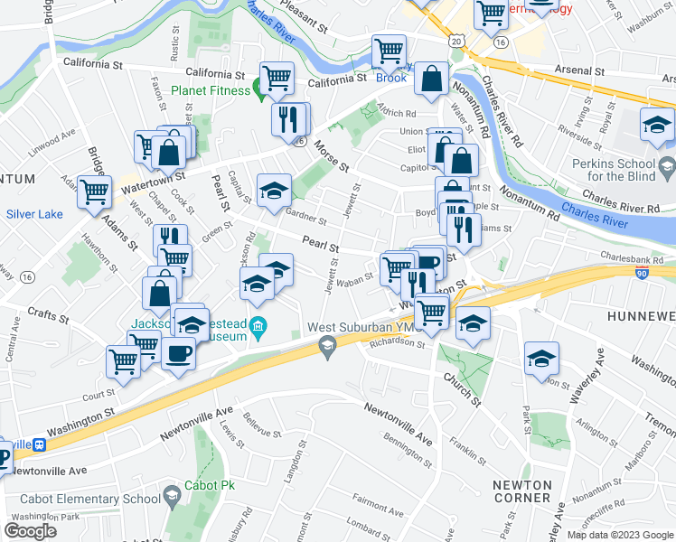 map of restaurants, bars, coffee shops, grocery stores, and more near 98 Jewett Street in Newton
