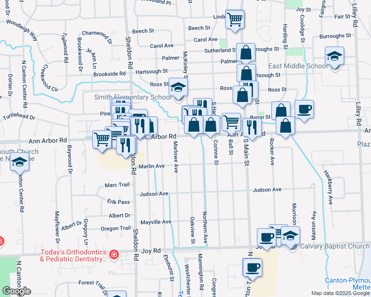 map of restaurants, bars, coffee shops, grocery stores, and more near 1175 Ann Arbor Road in Plymouth
