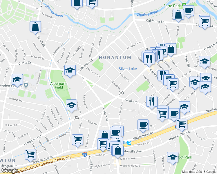 map of restaurants, bars, coffee shops, grocery stores, and more near 51 Churchill Street in Newton