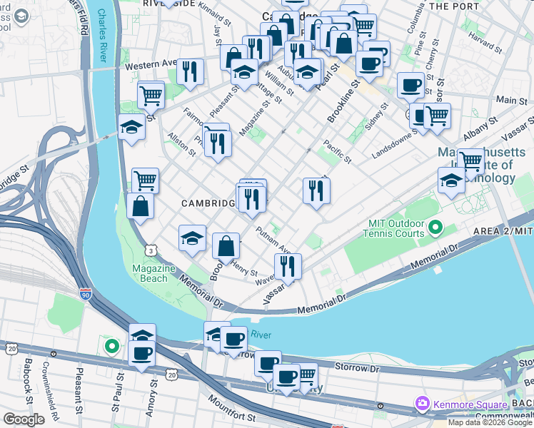 map of restaurants, bars, coffee shops, grocery stores, and more near 137 Allston Street in Cambridge