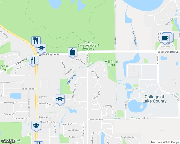 map of restaurants, bars, coffee shops, grocery stores, and more near 815 Essex Circle in Grayslake