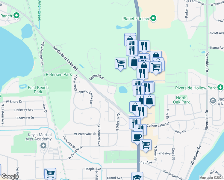 map of restaurants, bars, coffee shops, grocery stores, and more near 3801 Blake Boulevard in McHenry