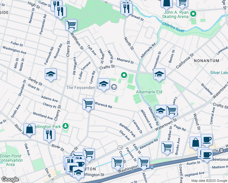 map of restaurants, bars, coffee shops, grocery stores, and more near 250 Waltham Street in Newton