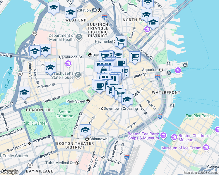map of restaurants, bars, coffee shops, grocery stores, and more near 27 School Street in Boston