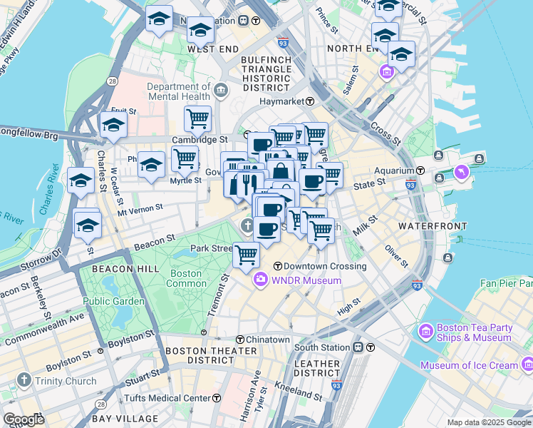 map of restaurants, bars, coffee shops, grocery stores, and more near 73 Tremont Street in Boston