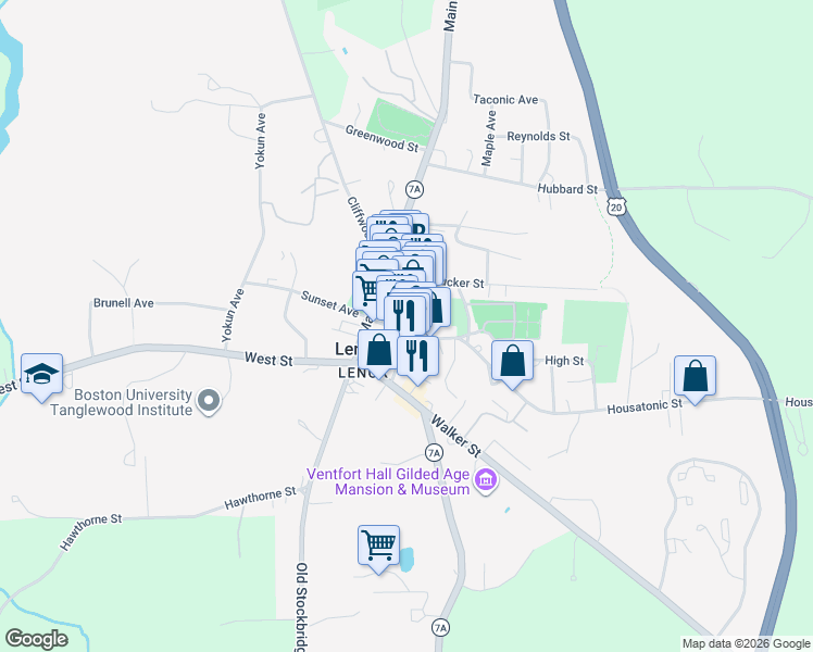map of restaurants, bars, coffee shops, grocery stores, and more near 27 Housatonic Street in Lenox