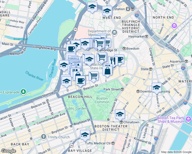 map of restaurants, bars, coffee shops, grocery stores, and more near in Boston