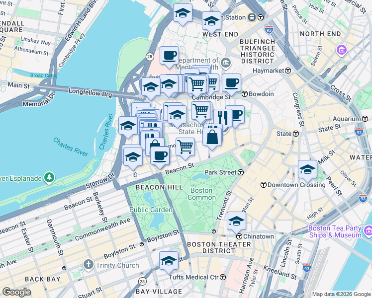 map of restaurants, bars, coffee shops, grocery stores, and more near in Boston