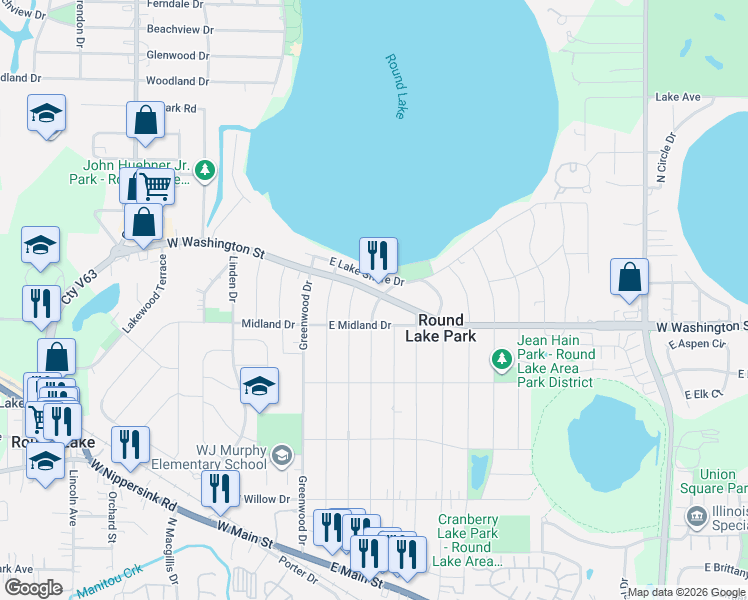 map of restaurants, bars, coffee shops, grocery stores, and more near 111 East Washington Street in Round Lake
