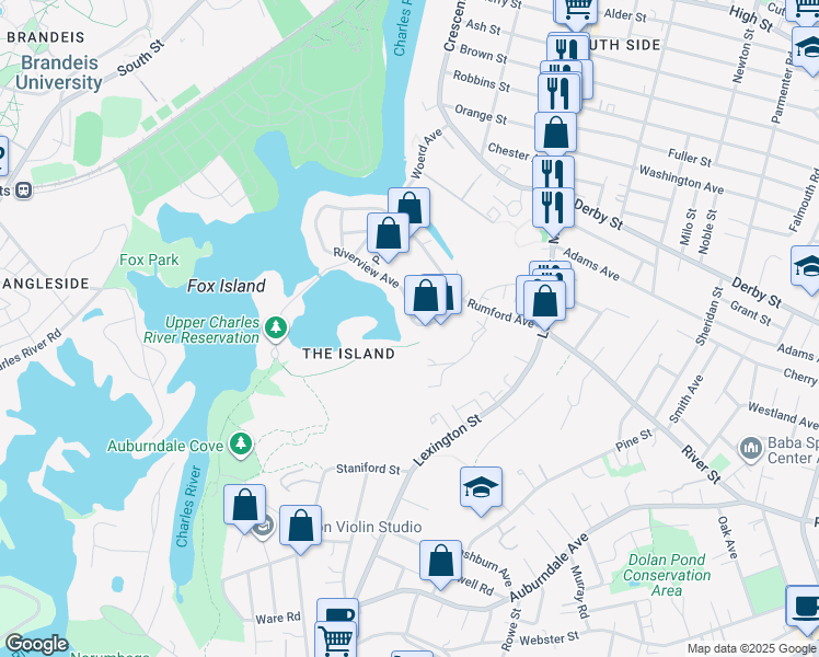map of restaurants, bars, coffee shops, grocery stores, and more near 195 Riverview Avenue in Waltham