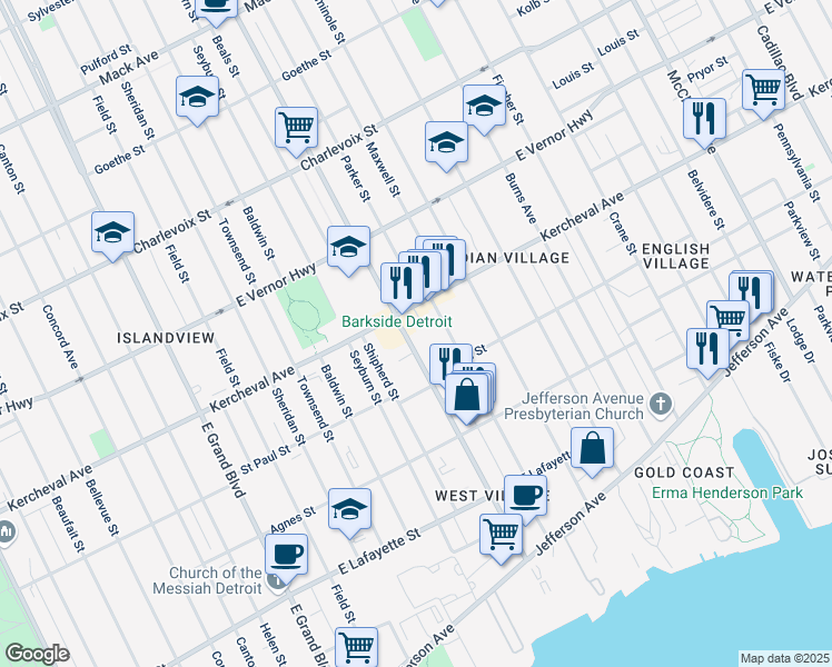 map of restaurants, bars, coffee shops, grocery stores, and more near 1780 Van Dyke Street in Detroit