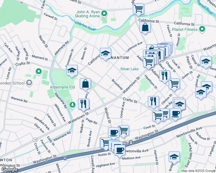 map of restaurants, bars, coffee shops, grocery stores, and more near 53 Churchill Street in Newton
