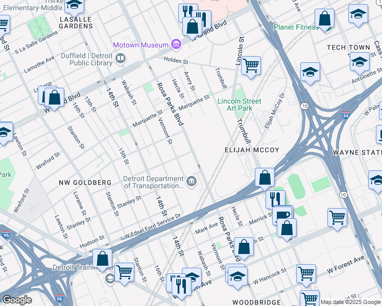 map of restaurants, bars, coffee shops, grocery stores, and more near 5899 Rosa Parks Boulevard in Detroit