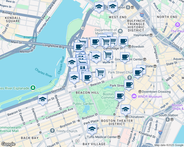 map of restaurants, bars, coffee shops, grocery stores, and more near 9 Louisburg Square in Boston