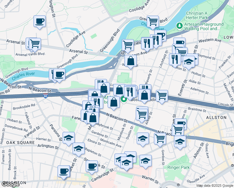 map of restaurants, bars, coffee shops, grocery stores, and more near 100 Leo M Birmingham Parkway in Boston