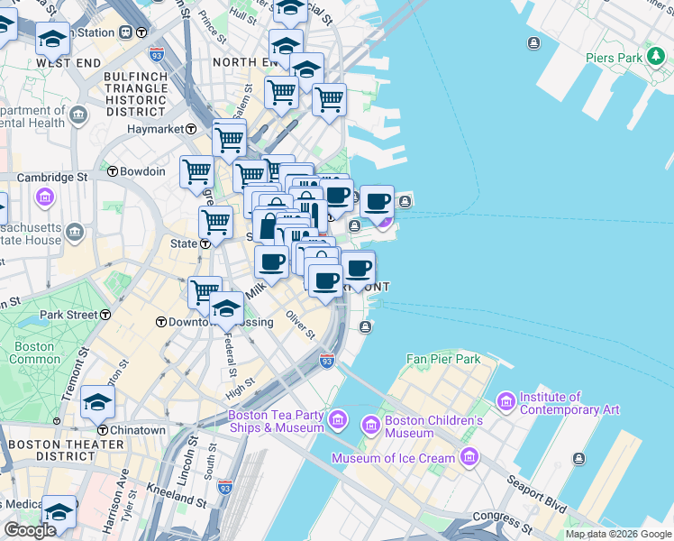 map of restaurants, bars, coffee shops, grocery stores, and more near Atlantic Avenue in Boston