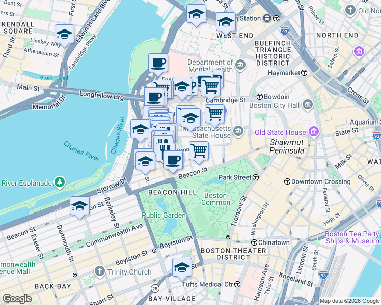 map of restaurants, bars, coffee shops, grocery stores, and more near 9 Louisburg Square in Boston