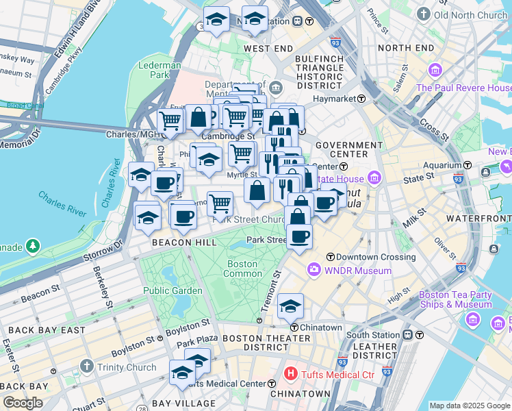 map of restaurants, bars, coffee shops, grocery stores, and more near 49 Mount Vernon Street in Boston