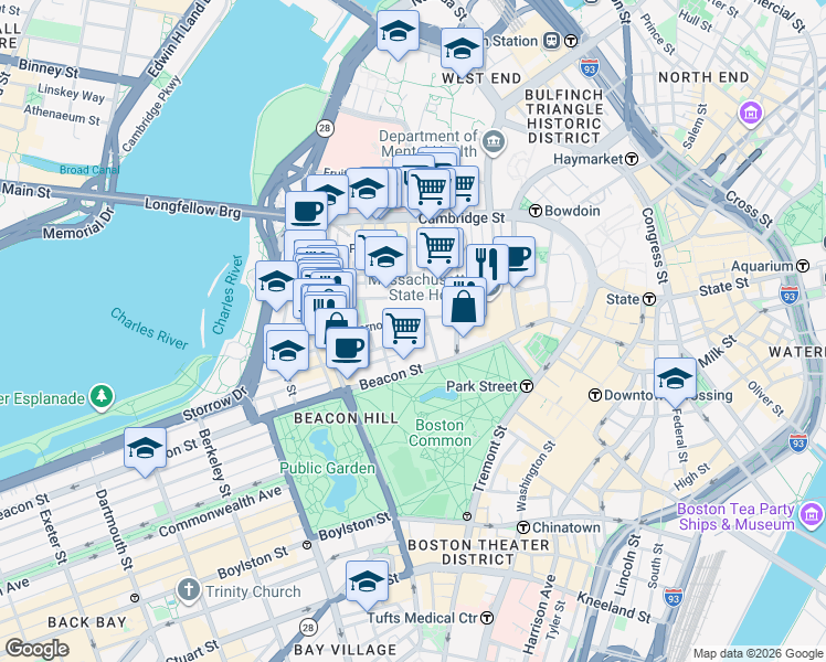 map of restaurants, bars, coffee shops, grocery stores, and more near 75 Mount Vernon Street in Boston
