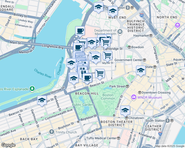 map of restaurants, bars, coffee shops, grocery stores, and more near 9 Louisburg Square in Boston