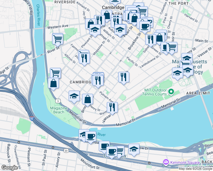 map of restaurants, bars, coffee shops, grocery stores, and more near 93 Hamilton Street in Cambridge
