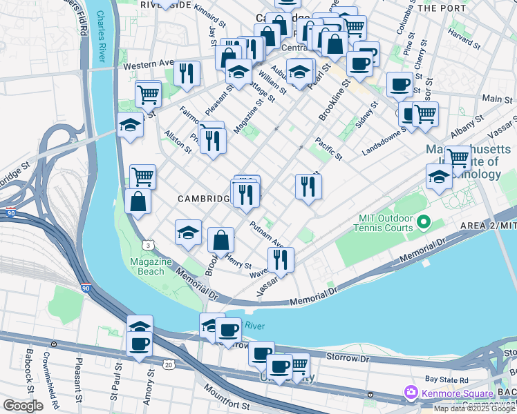 map of restaurants, bars, coffee shops, grocery stores, and more near 129 Allston Street in Cambridge