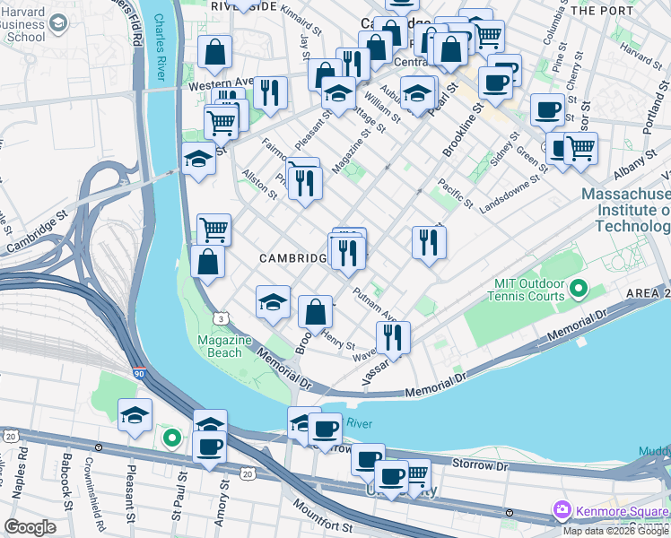 map of restaurants, bars, coffee shops, grocery stores, and more near in Cambridge