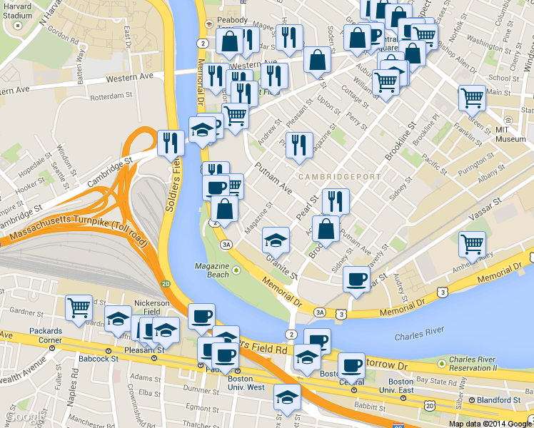 map of restaurants, bars, coffee shops, grocery stores, and more near 139 Magazine Street in Cambridge