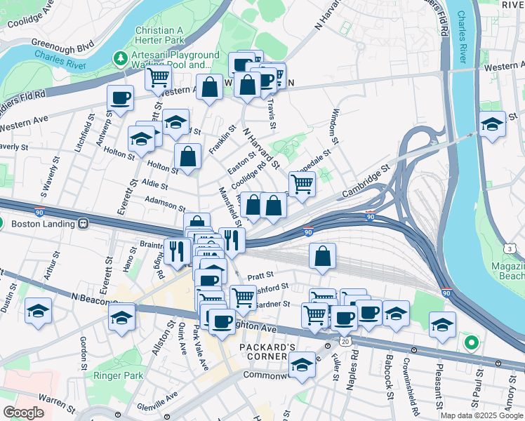 map of restaurants, bars, coffee shops, grocery stores, and more near 40 Hooker Street in Boston