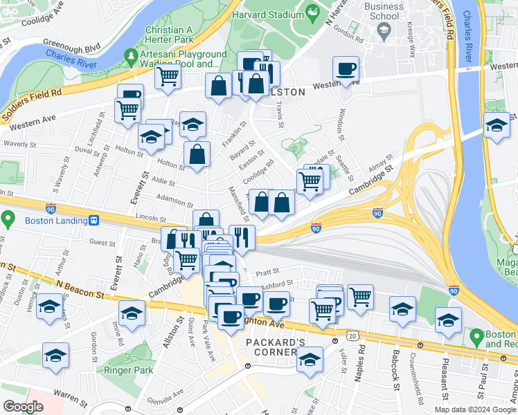 map of restaurants, bars, coffee shops, grocery stores, and more near 10 Holman Street in Boston