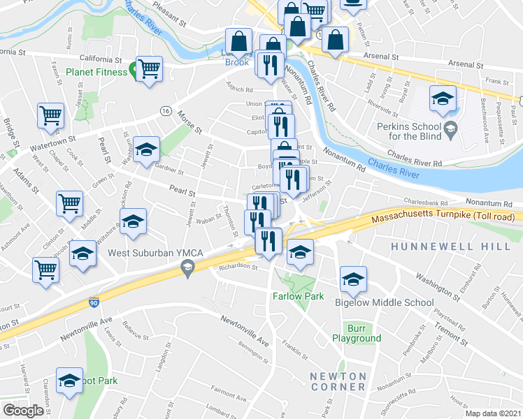 map of restaurants, bars, coffee shops, grocery stores, and more near 41 Pearl Street in Newton