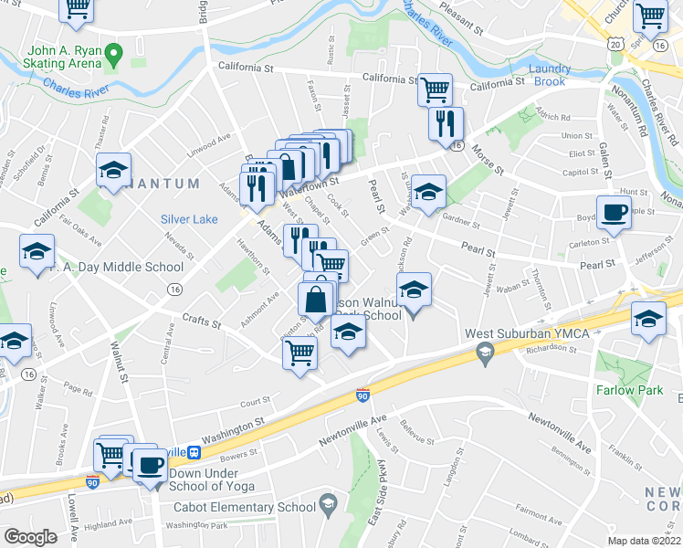 map of restaurants, bars, coffee shops, grocery stores, and more near 221 Chapel Street in Newton