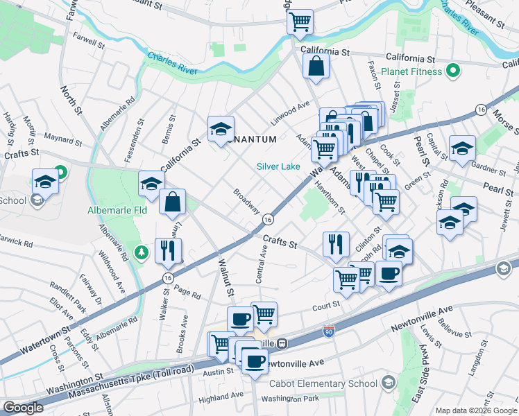 map of restaurants, bars, coffee shops, grocery stores, and more near 18 Broadway Terrace in Newton