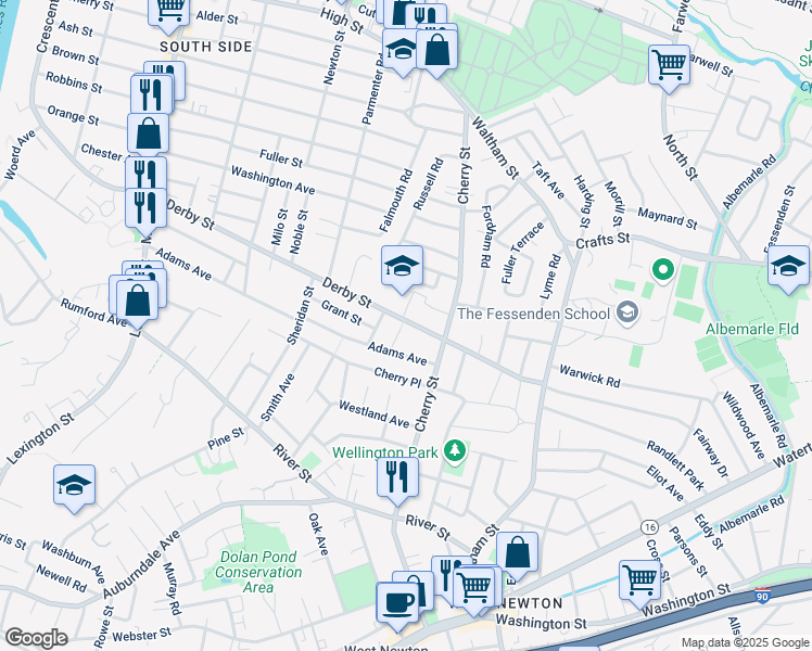 map of restaurants, bars, coffee shops, grocery stores, and more near 125 Derby Street in Newton